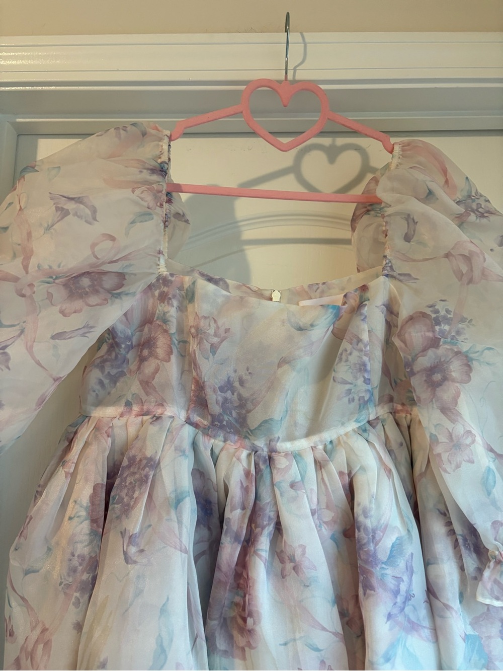 Selkie Floral Puff-Sleeve Mini Dress in Pastel Lavender and Blush